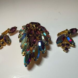 Vintage Elegant Multi Colored Gold Tone Brooch and Clip On Earring Set